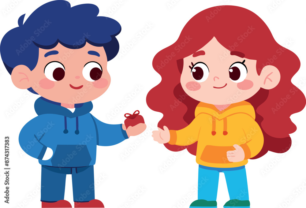 Cute characters exchanging a gift. Joyful interaction between two friends with happy expressions. Cute characters exchanging a gift. Joyful interaction between two friends with happy expressions.