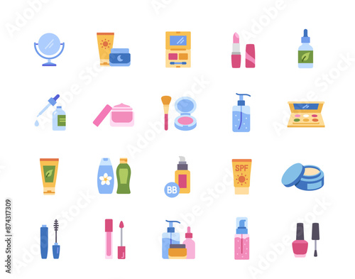 Cosmetic Products Icons Set. Colorful symbols with lipstick, mascara, moisturizer, eye shadow palette and serum. Beauty and makeup. Flat vector illustration collection isolated on white background