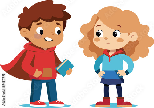 Cute cartoon children with book standing and smiling at each other in casual clothing