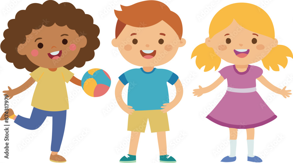 Happy children playing together with a soccer ball in a fun and cheerful illustration Happy children playing together with a soccer ball in a fun and cheerful illustration