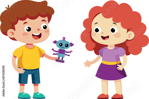 Cute characters exchanging a gift. Joyful interaction between two friends with happy expressions.
