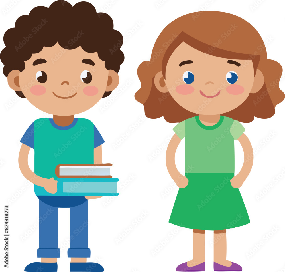 Cartoon illustration of happy children with books in a standing pose on white background Cartoon illustration of happy children with books in a standing pose on white background