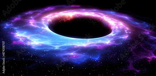 A bright blue and purple light forms a spiral on a black background