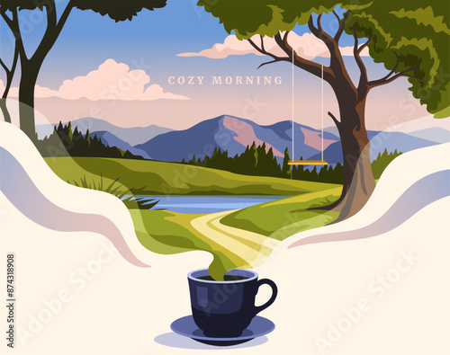 Cozy morning concept. Cup of delicious hot tea with steam forming beautiful forest landscape with mountains and trees. Coffee break or tea ceremony to start day. Cartoon vector illustration