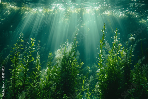 Underwater Close-Up of Green Seagrass with Blurred Fish and Sunlight in Blue Ocean Background