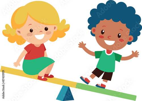 Happy children playing on a seesaw in a fun and colorful cartoon illustration