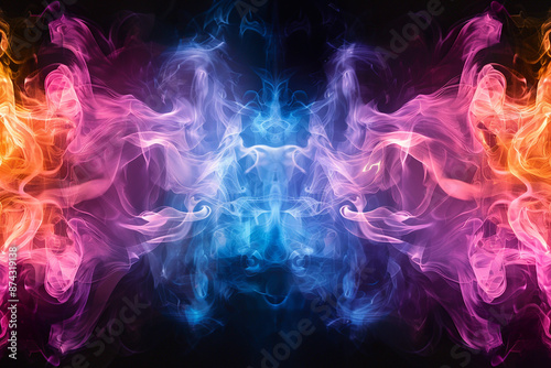 A vibrant, abstract image of swirling colored smoke creating a symmetrical pattern, representing creativity and energy.