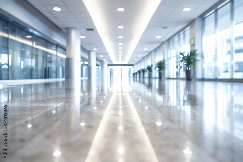 A minimalistic, bright hallway with polished floors and modern lighting. Represents cleanliness and modern architecture. Copy space available. A minimalistic, bright hallway with polished floors and modern lighting. Represents cleanliness and modern architecture. Copy space available.