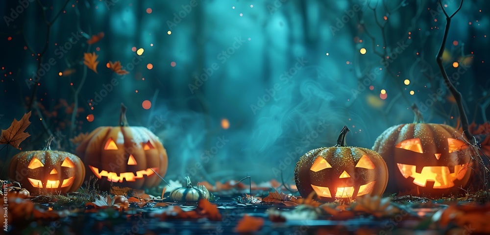A haunting Halloween background with glowing pumpkins, fluttering bats, and ghosts in rainbow colors. The empty center adds an eerie focal point with empty space and ghost on the background A haunting Halloween background with glowing pumpkins, fluttering bats, and ghosts in rainbow colors. The empty center adds an eerie focal point with empty space and ghost on the background