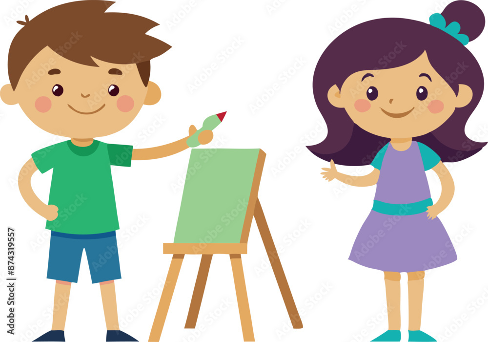 Illustration of two happy kids drawing on an easel together Illustration of two happy kids drawing on an easel together