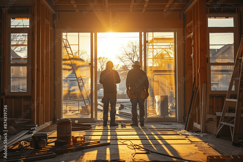 Fototapeta premium Professional Construction Workers Installing Sliding Glass Doors in New Home at Golden Hour