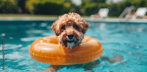 Happy Dog Floats On Inflatable Ring In Pool On Sunny Day