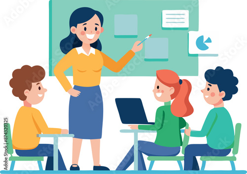 Teacher conducting lesson with students in classroom using laptop and whiteboard