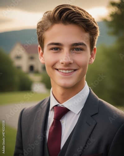 A classic portrait of a high school senior dressed in formal wear, posed in front of a scenic outdoor background. The young man is smiling warmly, exuding confidence and optimism.