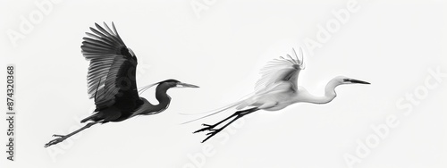 Black and white two herons on a white background.
