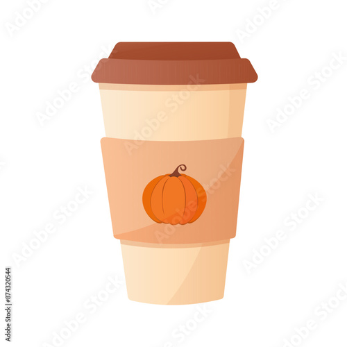 cup of coffee with pumpkin. vector illustration on theme of fall. paper cup with pumpkin