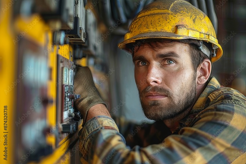 Construction Worker Wearing A Yellow Hard Hat Inspecting Electrical Construction Worker Wearing A Yellow Hard Hat Inspecting Electrical