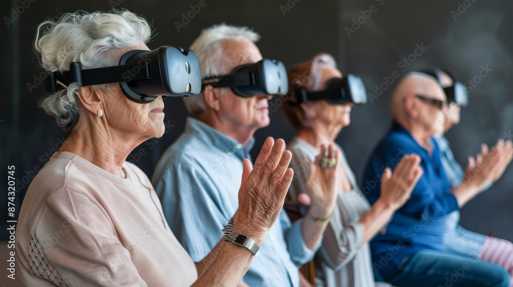 Obraz premium Group of retirees participating in a virtual reality exercise class at a community center