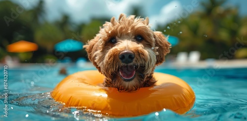 Happy Dog Floats On Inflatable Ring In Pool On Sunny Day