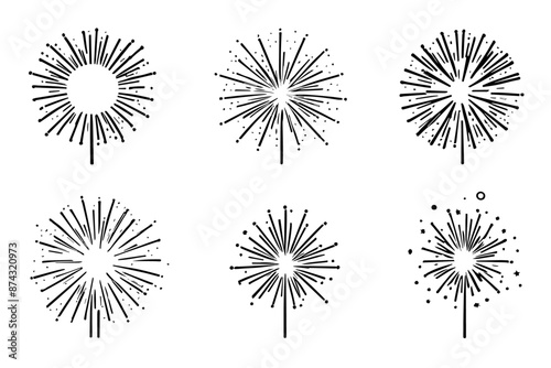 Black fireworks explosion set with light rays, isolated on white, detailed vector illustration