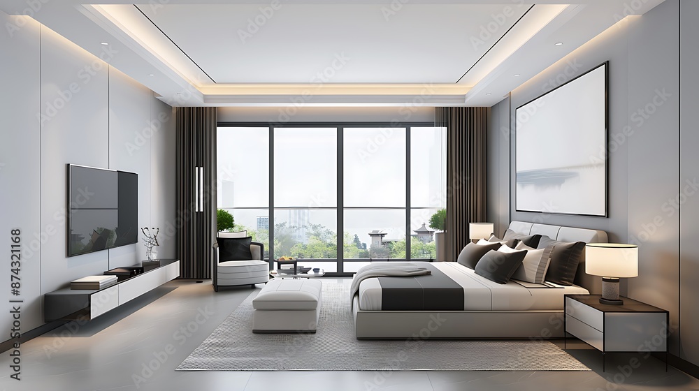 Fototapeta premium Modern luxury bedroom with a minimalist design, featuring sleek furniture, neutral colors, and large windows, creating a bright and airy space. Copy space for text, sharp focus and clear light, high