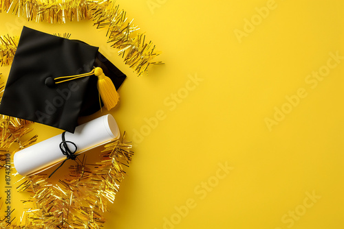 Flat lay with graduation hat, students diploma, gold tinsel on yellow background