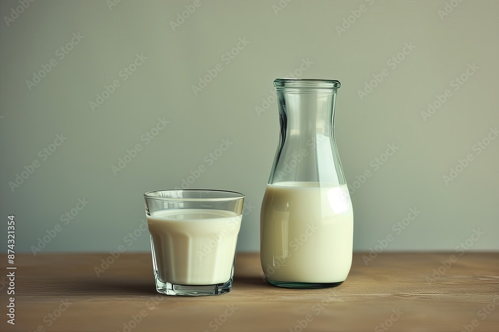 Glass of Milk and Carafe on Wooden Table Glass of Milk and Carafe on Wooden Table