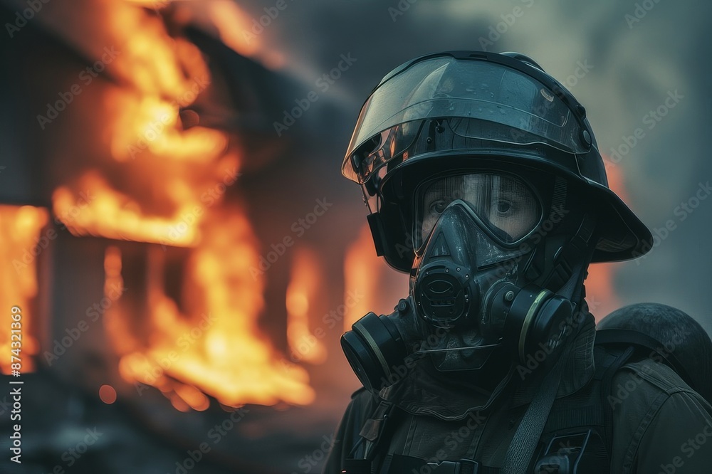 Firefighter Wearing a Respirator Mask at a Burning Building Firefighter Wearing a Respirator Mask at a Burning Building