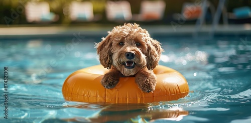 Happy Dog Floats In Pool On Sunny Day