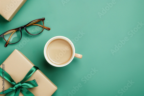 Flat lay per la festa del papà con occhiali da vista, pacchetto regalo e caffè, su sfondo verde, daddy, happy father's day, greetings, 
