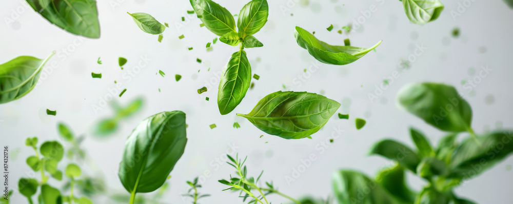 A selection of fresh herbs, including basil, mint, and rosemary, floating in the air, creating an aromatic and visually appealing composition. A selection of fresh herbs, including basil, mint, and rosemary, floating in the air, creating an aromatic and visually appealing composition.