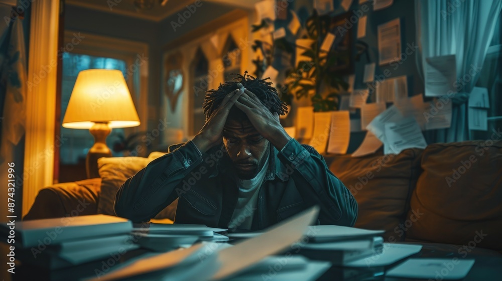 Man Sitting on Couch with Head in Hands Surrounded by Paperwork and Rejection Letters Reflecting Stress and Frustration Man Sitting on Couch with Head in Hands Surrounded by Paperwork and Rejection Letters Reflecting Stress and Frustration