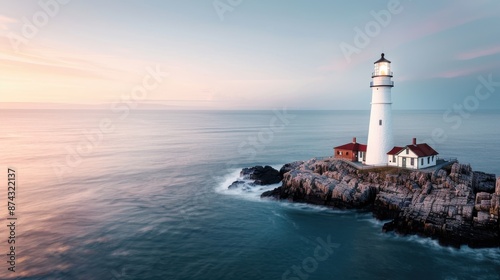 A picturesque lighthouse standing steadfast on a rocky coastline during sunset, symbolizing guidance and stability against the tranquil backdrop of the sea. © familymedia