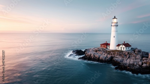 A picturesque lighthouse standing steadfast on a rocky coastline during sunset, symbolizing guidance and stability against the tranquil backdrop of the sea.