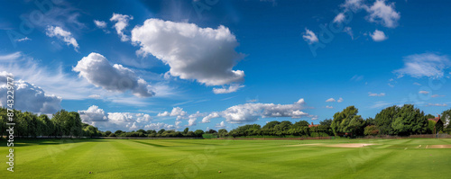 A sunny day at a cricket field, with the bright green grass of the outfield and pitch contrasting beautifully with the deep blue sky and occasional fluffy clouds.