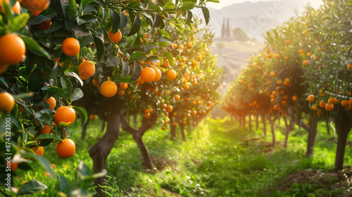 Bunch of fresh ripe oranges hanging on a tree in orange garden