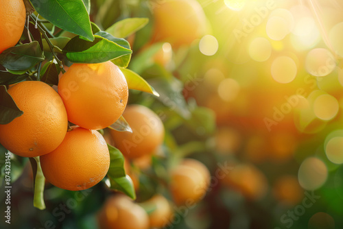 Bunch of fresh ripe oranges hanging on a tree in orange garden