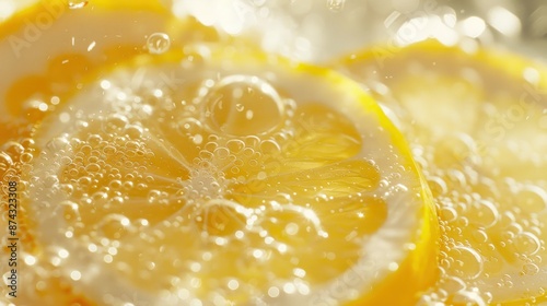 close up lemon slices in sparkling water commercial photography, macro photo