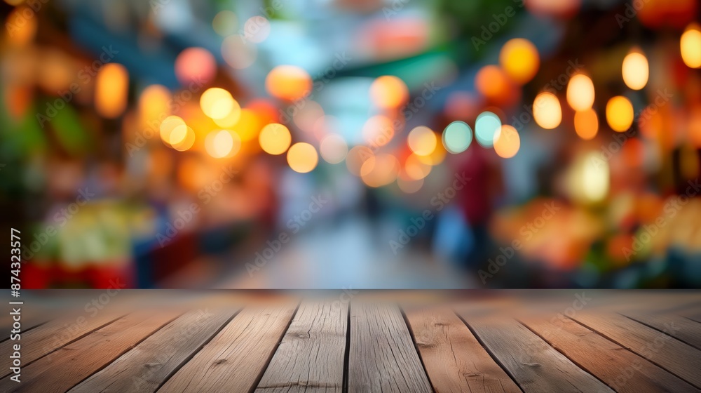 Blurred street market background with wooden table top for product display. Vibrant lanterns and lights create a festive atmosphere. Blurred street market background with wooden table top for product display. Vibrant lanterns and lights create a festive atmosphere.
