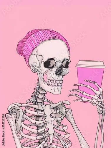 pastel pink background, cute skeleton drinking coffee illustration, wearing beanie