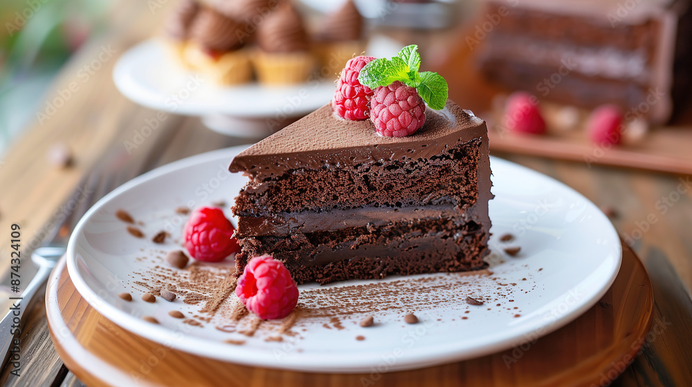 a slice of vegan chocolate cake, made with fair-trade cocoa and organic ingredients, served on a white plate with a fresh raspberry garnish a slice of vegan chocolate cake, made with fair-trade cocoa and organic ingredients, served on a white plate with a fresh raspberry garnish