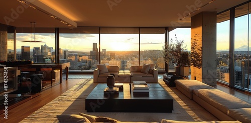 Modern Living Room With City Skyline View at Sunset