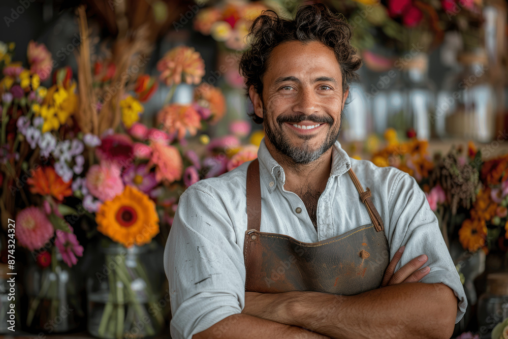 Fototapeta premium Handsome Cheerful Young Male Florist with Arms Crossed in Apron in Flower Shop Greenhouse
