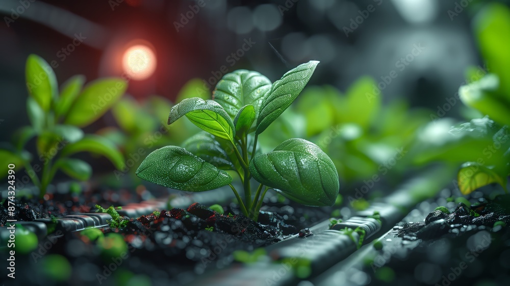 Obraz premium Close-up of a young, green plant sprouting from fertile, dark soil with dew drops on leaves, illuminated by warm sunlight in the background, symbolizing growth and new beginnings.