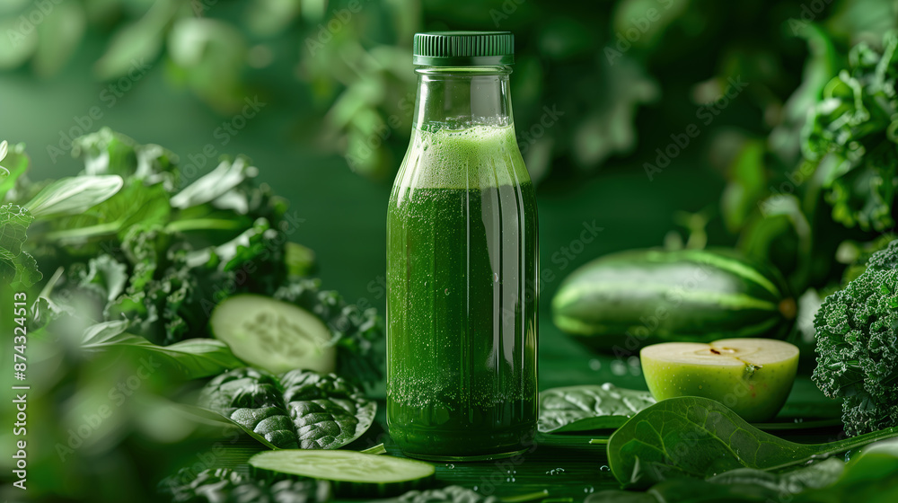 a refreshing green juice, made with kale, spinach, cucumber, and green apple, served in a clear glass bottle with a leafy green backdrop, highlighting the freshness of the ingredients a refreshing green juice, made with kale, spinach, cucumber, and green apple, served in a clear glass bottle with a leafy green backdrop, highlighting the freshness of the ingredients