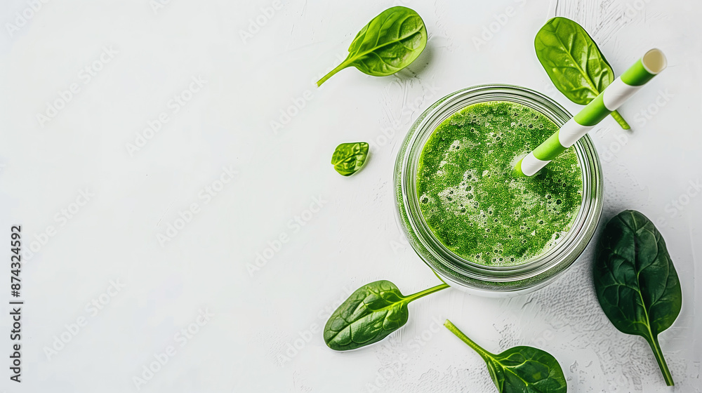 Obraz premium a detox green smoothie, with a blend of spinach, avocado, and lime, served in a glass jar with a metal straw, placed on a clean white surface with a few scattered spinach leaves