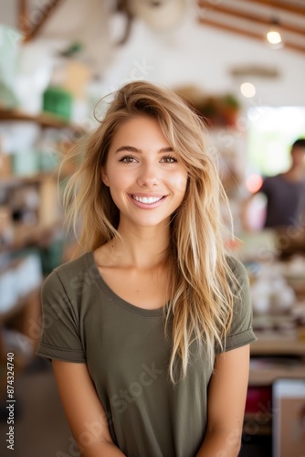 Cheerful young woman with long blonde hair in casual outfit, smiling brightly indoors with a blurred background, capturing joyful and lively atmosphere.