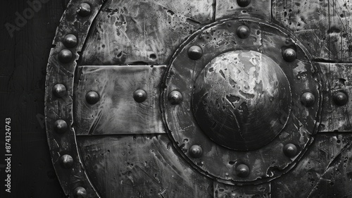 Close-up of aged, metal circular shield with rivets