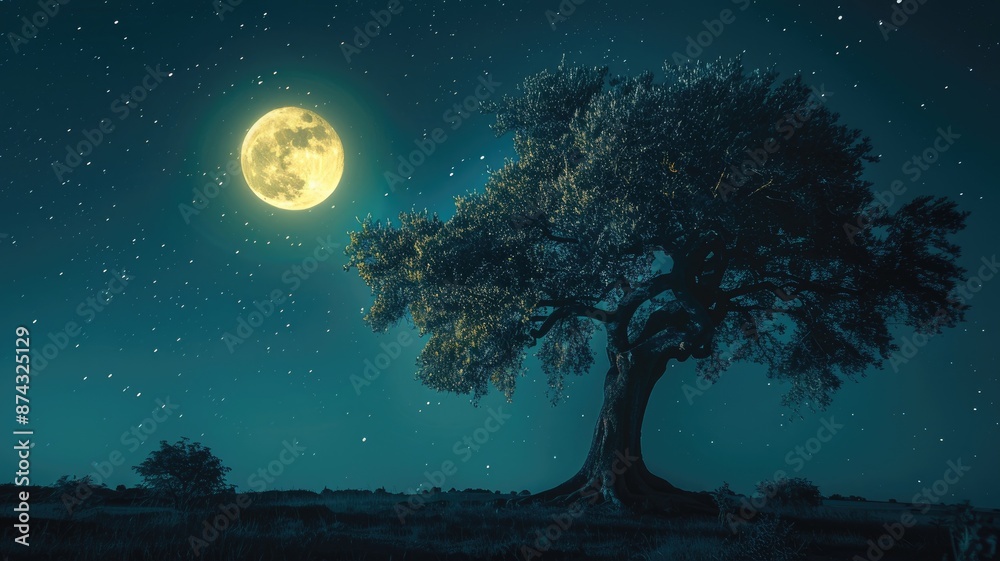 Majestic tree under full moon surrounded by stars Majestic tree under full moon surrounded by stars