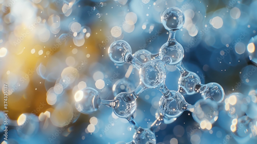 A complex molecular structure is shown floating in a field of blue and yellow bokeh A complex molecular structure is shown floating in a field of blue and yellow bokeh